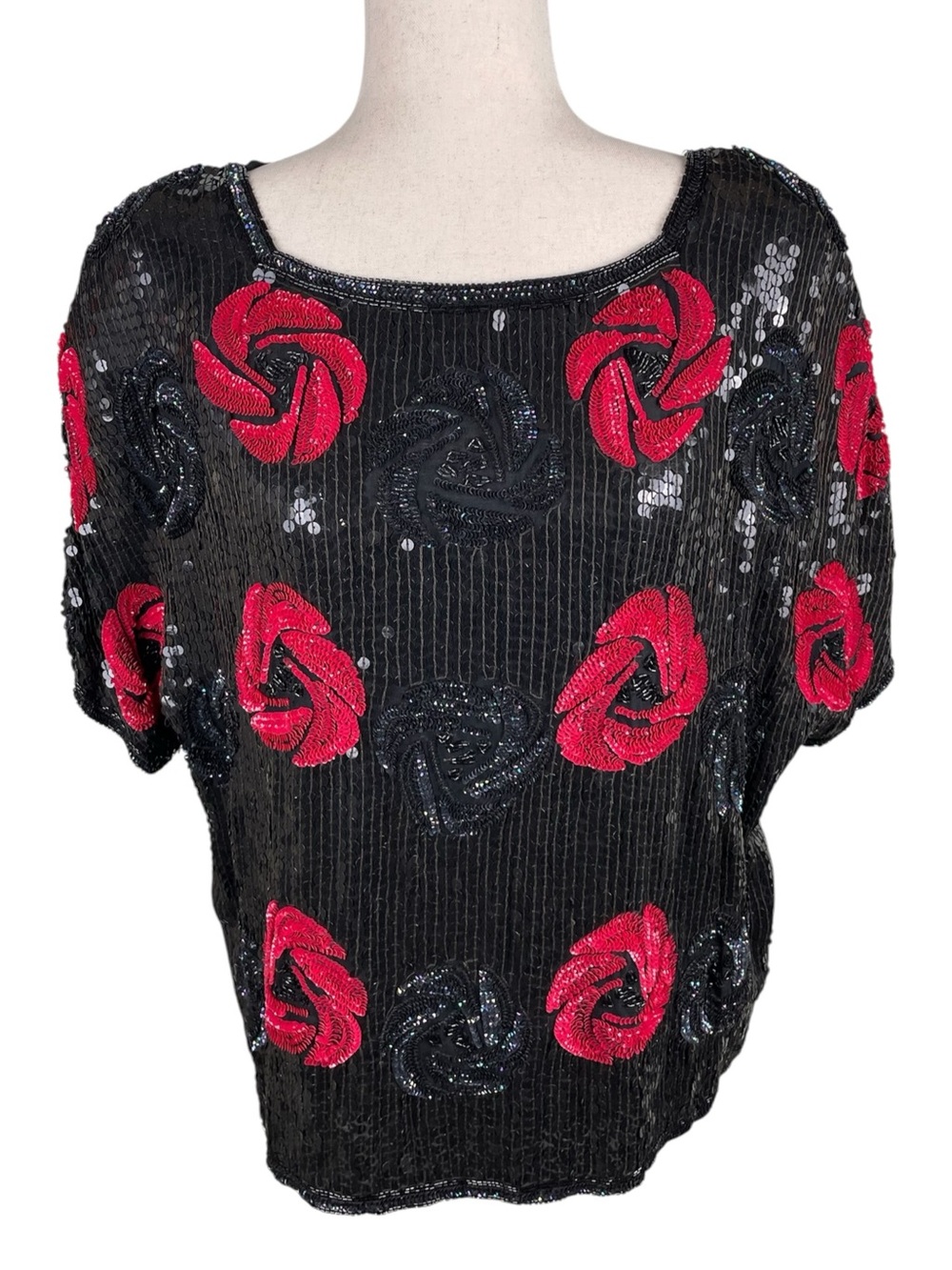 Vintage Carolyne Barton Night Silk Beaded Sequin Top Size Large Floral Art Deco